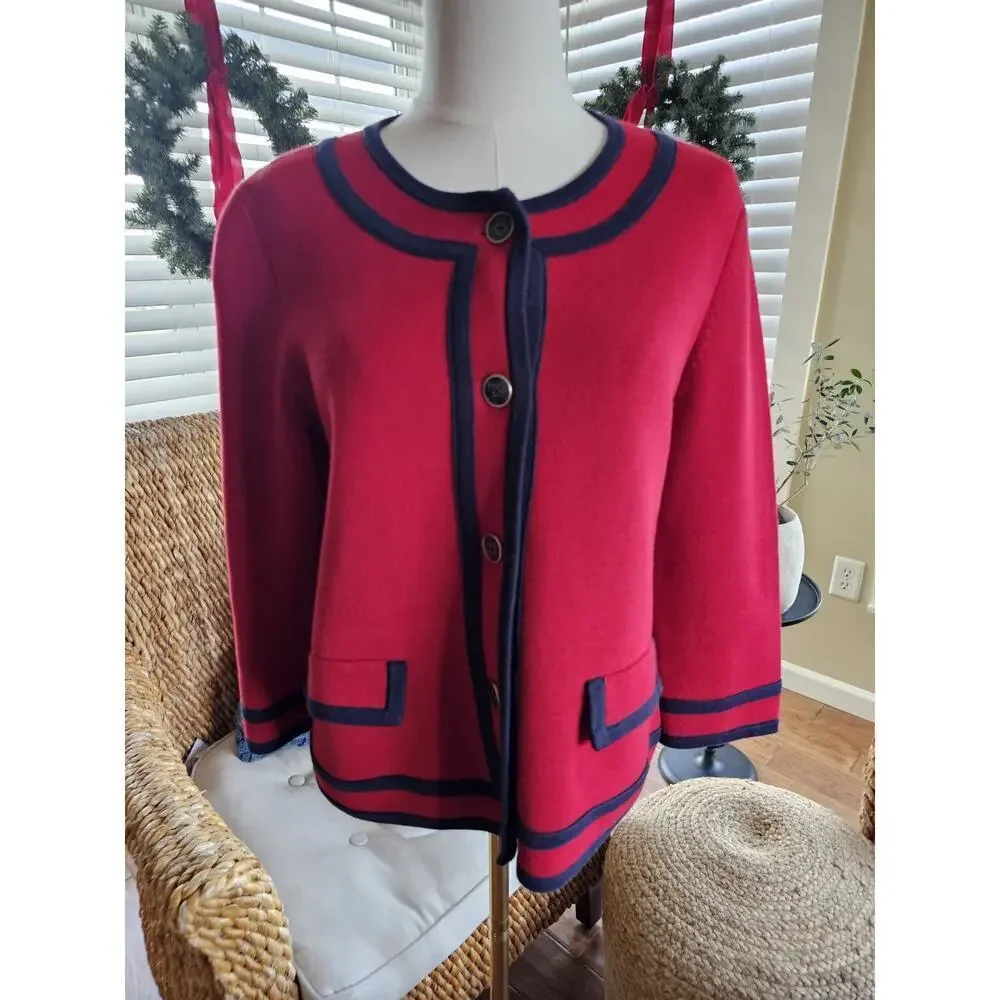 Talbots Red & Navy Blue Cardigan Sweater Womens‎ Size M Preppy Nautical